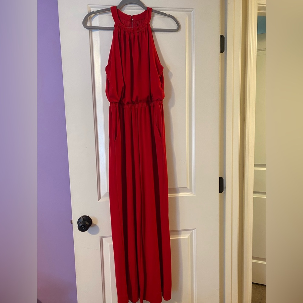 New York & Company Stretch Vibrant Red Halter Jumpsuit